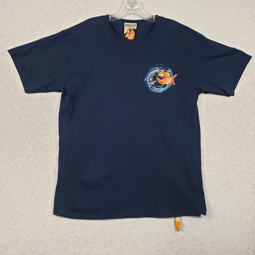 Pirana Joe Mens T-Shirt Cancun Graphic Large Navy Blue Souvenir Tee EUC Y2K